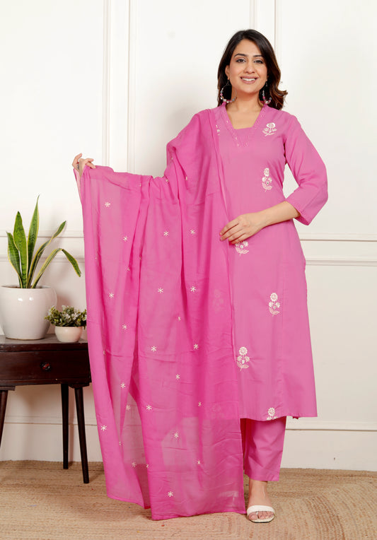 Premium Quality Pure Cotton Embroidered A-Line Kurti Pant Embroidered Dupatta Set.
