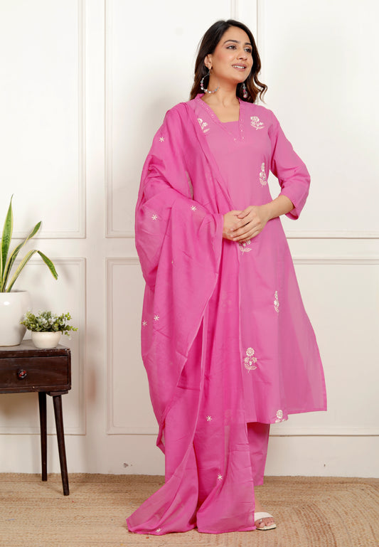 Premium Quality Pure Cotton Embroidered A-Line Kurti Pant Embroidered Dupatta Set.