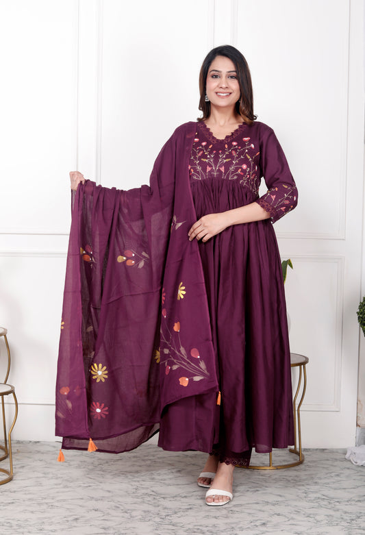 Premium Quality Pure Mul Cotton Embroidered Alia Cut Anarkali Kurti Pant Dupatta Set.