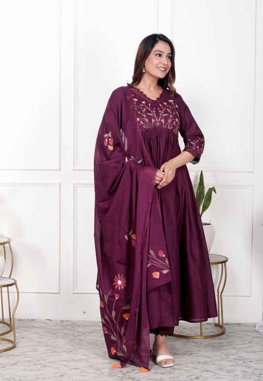 Premium Quality Pure Mul Cotton Embroidered Alia Cut Anarkali Kurti Pant Dupatta Set.