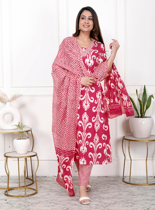 Premium Quality Pure Cotton Printed Kurti Pant Dupatta Set.
