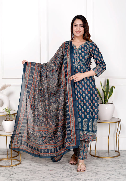 Premium Quality Pure Cotton Straight Printed Kurti Pant Dupatta Set.