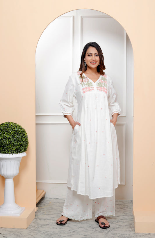 Premium Quality Cotton Slub A-Line Embroidered Kurta Plazo Dupatta Set With Lining Inside.