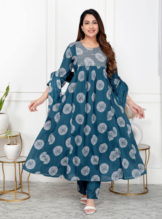 Premium Quality Pure Mul Cotton Bandhani Print Embroided Anarkali Kurti Pant Dupatta Set With Mul Cotton Lining Inside.