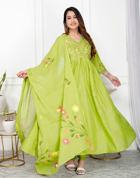 Premium Quality Pure Mul Cotton Embroidered Alia Cut Anarkali Kurti Pant Dupatta Set.