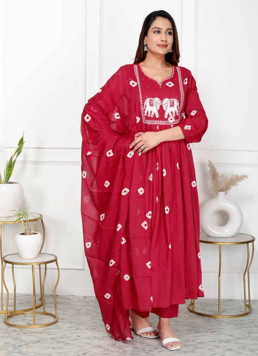 Premium Quality Pure Mul Cotton Bandhani Print Embroided Anarkali Kurti Pant Dupatta Set With Mul Cotton Lining Inside