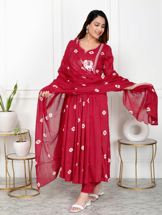 Premium Quality Pure Mul Cotton Bandhani Print Embroided Anarkali Kurti Pant Dupatta Set With Mul Cotton Lining Inside