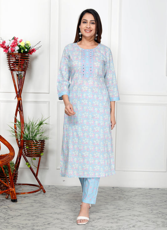 Premium Quality Pure Cotton Straight Kurti Pant Dupatta Set.