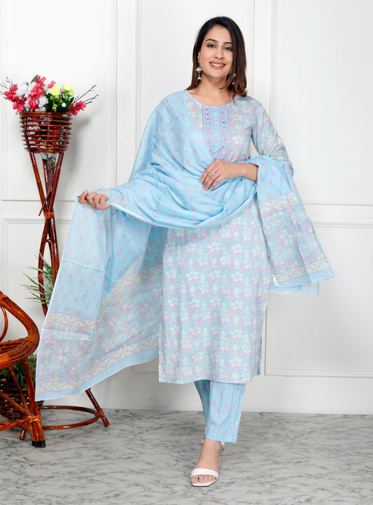 Premium Quality Pure Cotton Straight Kurti Pant Dupatta Set.