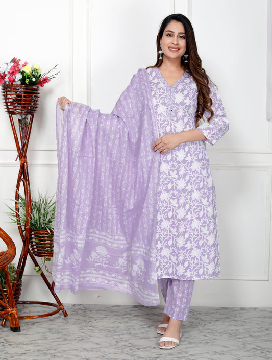 Premium Quality Pure Cotton V-Neck Straight Kurti Pant Dupatta Set.
