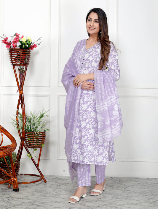 Premium Quality Pure Cotton V-Neck Straight Kurti Pant Dupatta Set.