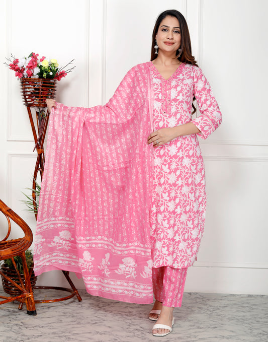 Premium Quality Pure Cotton V-Neck Straight Kurti Pant Dupatta Set.