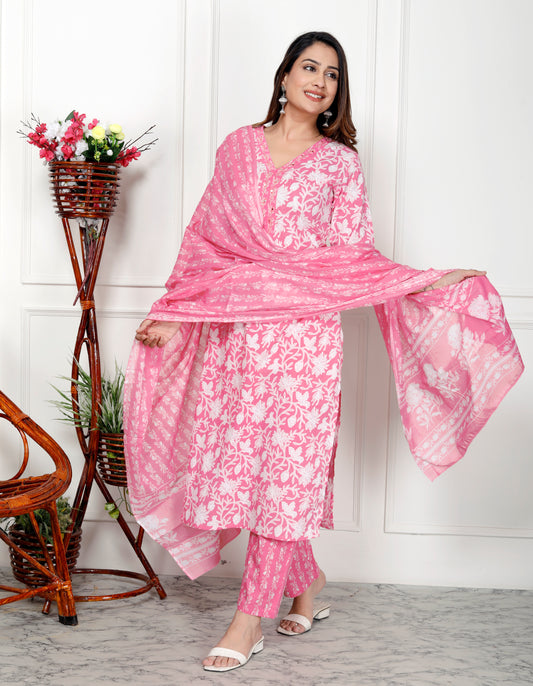 Premium Quality Pure Cotton V-Neck Straight Kurti Pant Dupatta Set.