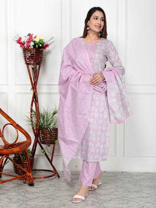 Premium Quality Pure Cotton Straight Kurti Pant Dupatta Set.
