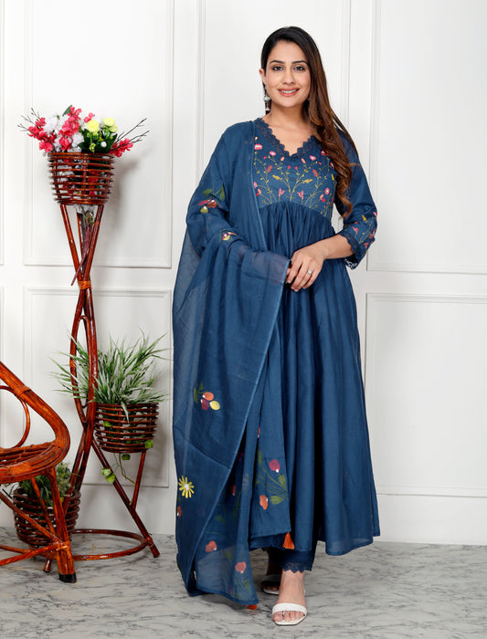 Premium Quality Pure Mul Cotton Embroided Alia Cut Anarkali Kurti Pant Dupatta Set.Lining in full Kurti and Sleeves to enhance comfort.