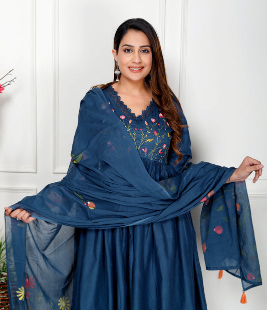 Premium Quality Pure Mul Cotton Embroided Alia Cut Anarkali Kurti Pant Dupatta Set.Lining in full Kurti and Sleeves to enhance comfort.