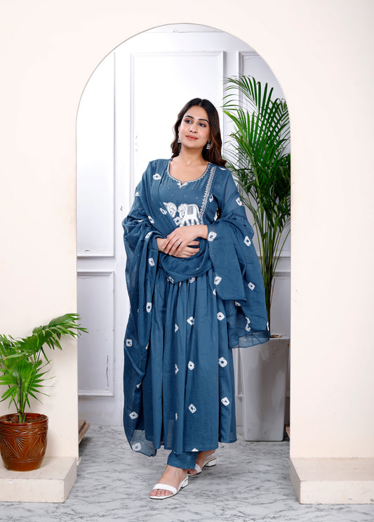 Premium Quality Pure Mul Cotton Bandhani Print Embroided Anarkali Kurti Pant Dupatta Set With Mul Cotton Lining Inside.