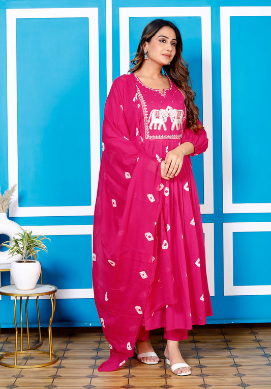 Premium Quality Pure Mul Cotton Bandhani Print  Embroided Anarkali Kurti Pant Dupatta Set With Mul Cotton Lining Inside.