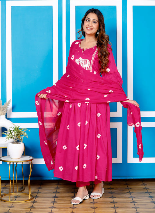 Premium Quality Pure Mul Cotton Bandhani Print  Embroided Anarkali Kurti Pant Dupatta Set With Mul Cotton Lining Inside.