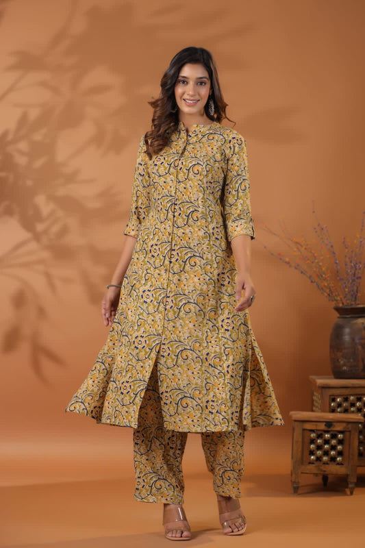 Heavy Rayon Beautiful Princess Cut Kalamkari Print Kurti Pant set.