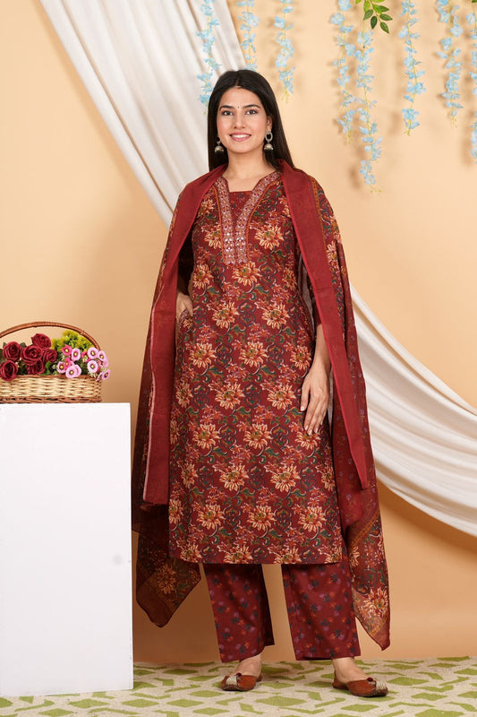 Beautiful Premium Cotton Straight kurti Pant Dupatta set.