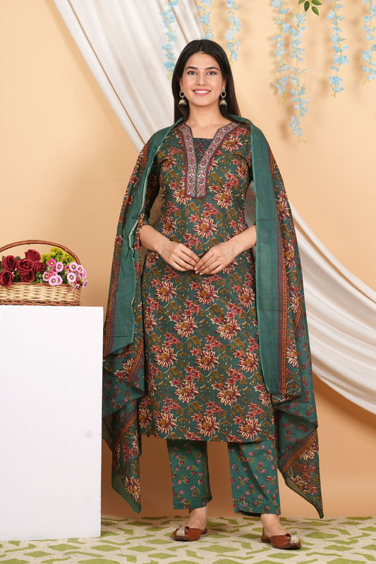 Beautiful Premium Cotton Straight kurti Pant Dupatta set.