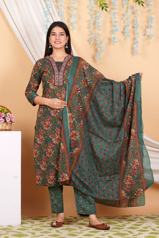 Beautiful Premium Cotton Straight kurti Pant Dupatta set.