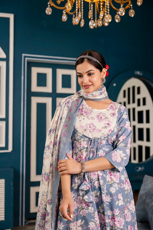 Premium quality Pure Cotton Floral Print Rajwada Anarkali 12 Kali Kurti Pant Dupatta set.