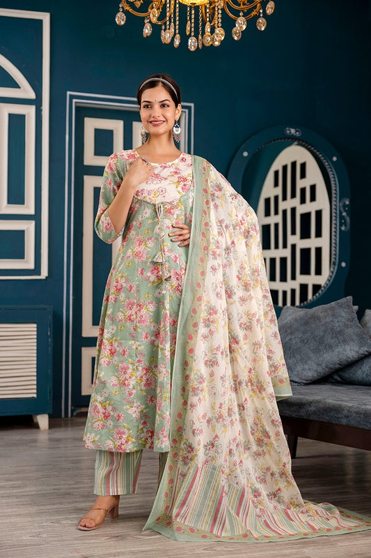 Premium quality Pure Cotton Floral Print Rajwada Anarkali 12 Kali Kurti Pant Dupatta set.
