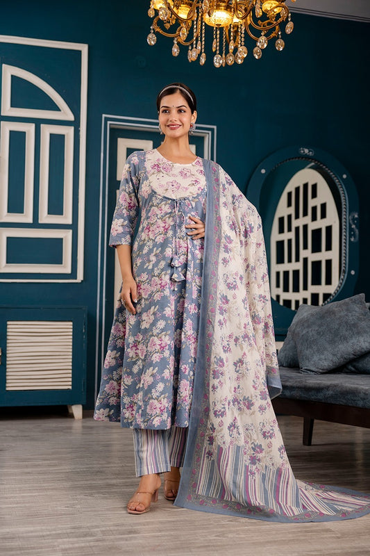 Premium quality Pure Cotton Floral Print Rajwada Anarkali 12 Kali Kurti Pant Dupatta set.
