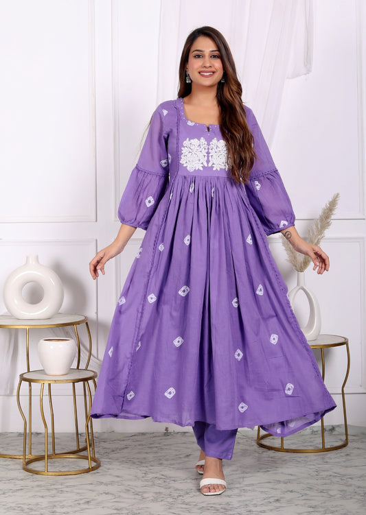 Premium Quality Pure Mul Cotton Bandhani Print Embroided Anarkali Kurti Pant Dupatta Set With Mul Cotton Lining Inside.