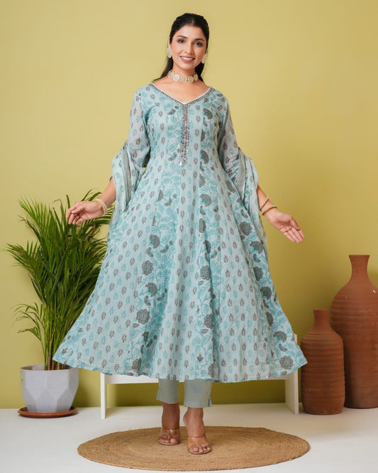 Premium Quality Pure Mul Cotton Embroided V-neck Anarkali with MulCotton lining Inside With Mul Mul Block Printed Dupatta.