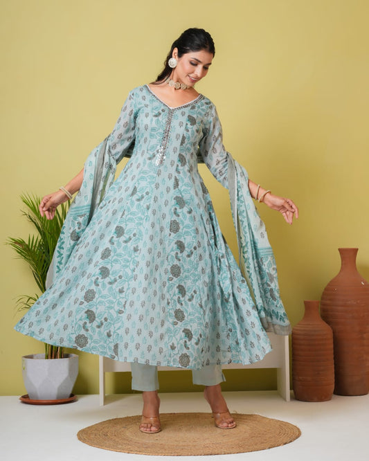 Premium Quality Pure Mul Cotton Embroided V-neck Anarkali with MulCotton lining Inside With Mul Mul Block Printed Dupatta.