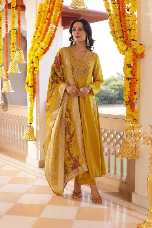 Premium Quality Pure Russian Silk Embroided A-line Kurta and Pant Set With Pure Silk Jacquard weaving Dupatta.