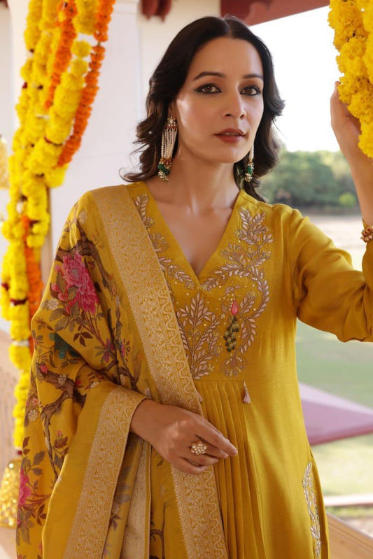 Premium Quality Pure Russian Silk Embroided A-line Kurta and Pant Set With Pure Silk Jacquard weaving Dupatta.