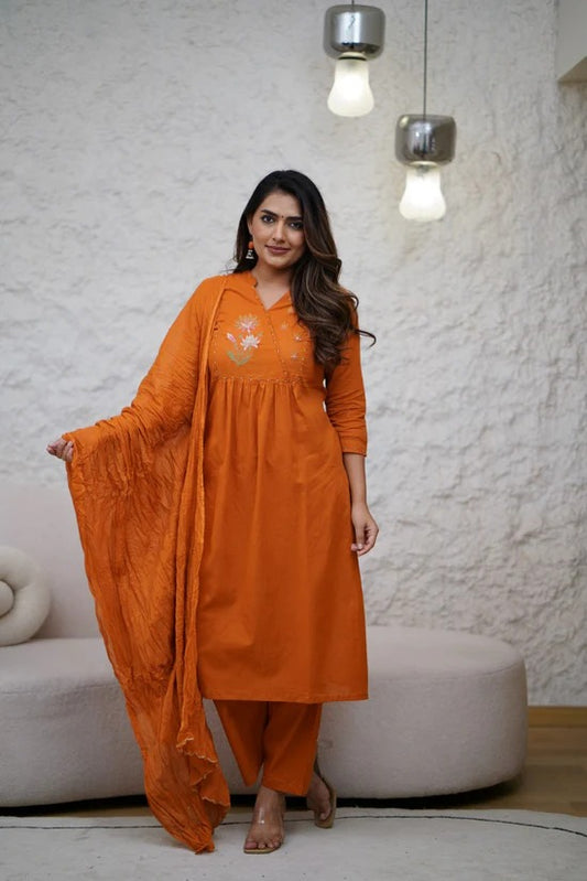 Pure Mul-Cotton Embroidered A-Line Kurti Pant Dupatta Set.