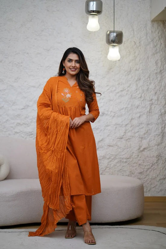 Pure Mul-Cotton Embroidered A-Line Kurti Pant Dupatta Set.