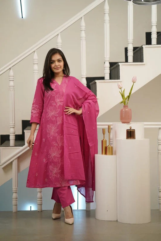 Pure Cotton Embroidered A-Line Kurti Pant Dupatta Set.