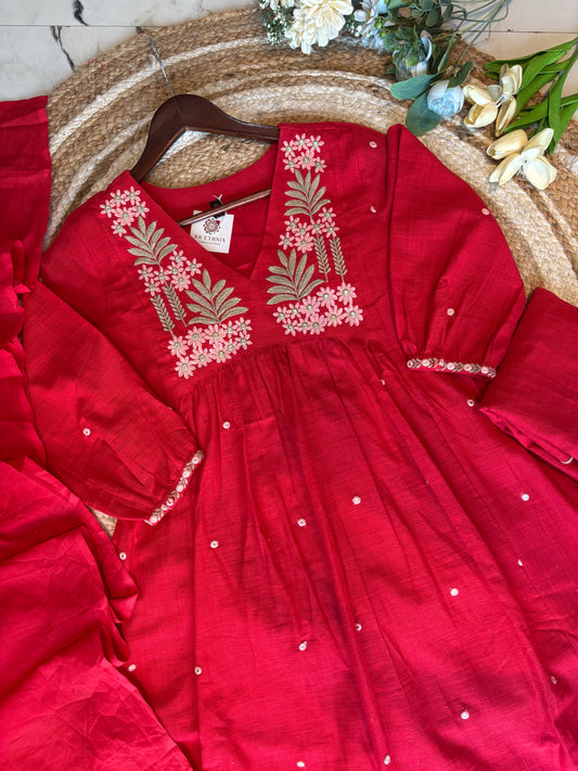 Premium Quality Cotton Slub A-Line Embroidered Kurta Plazo Dupatta Set With Lining Inside.