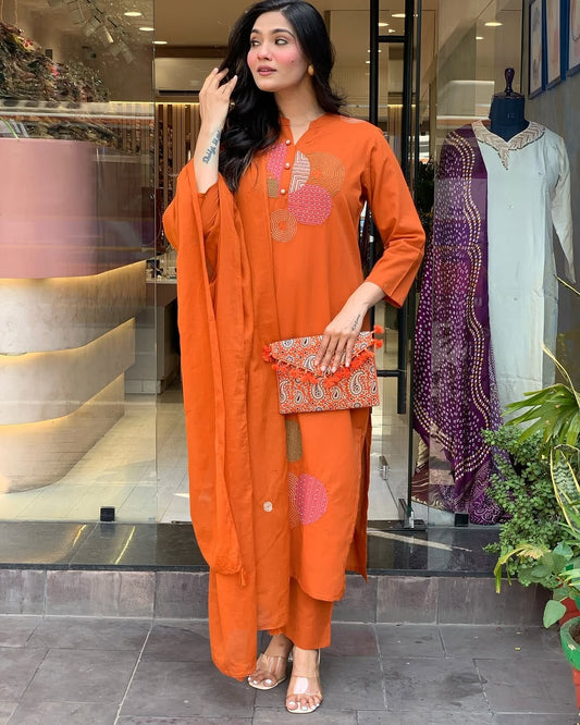 Premium Quality Pure Cotton Embroidered Ben Neck Kurti Pant Dupatta Set.