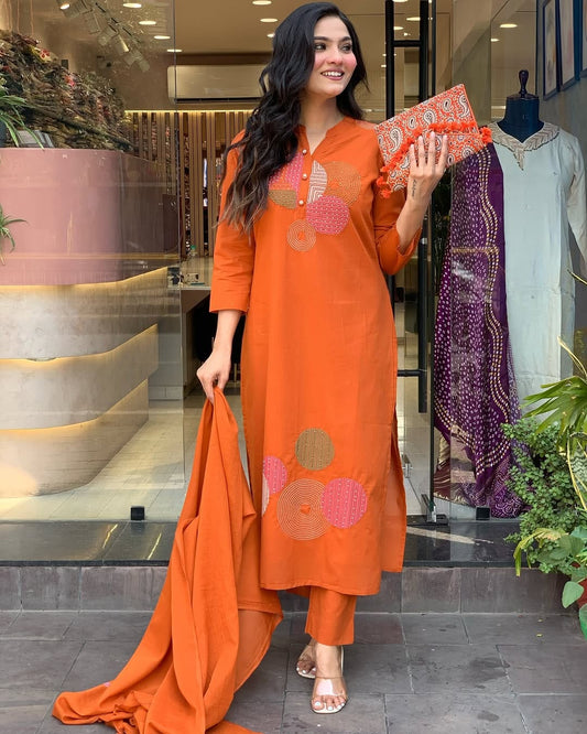 Premium Quality Pure Cotton Embroidered Ben Neck Kurti Pant Dupatta Set.