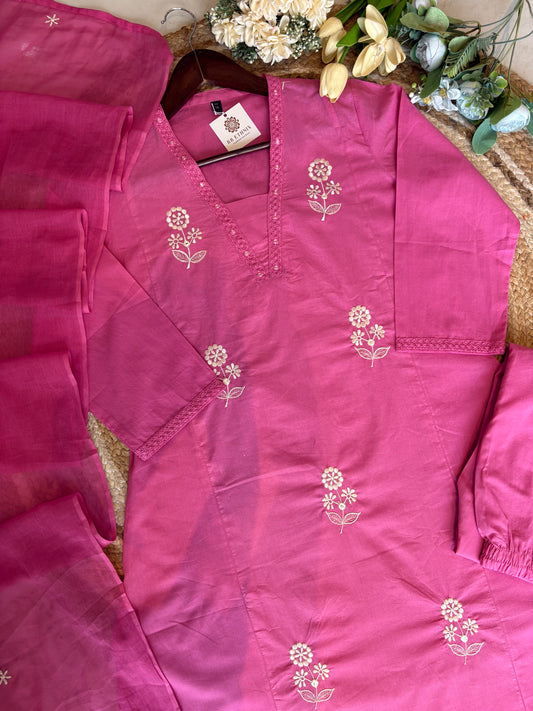 Premium Quality Pure Cotton Embroidered A-Line Kurti Pant Embroidered Dupatta Set.