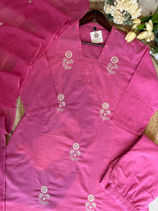 Premium Quality Pure Cotton Embroidered A-Line Kurti Pant Embroidered Dupatta Set.