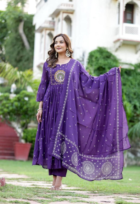 Premium Quality Pure Mul Cotton Bandhani Print  Embroided Anarkali Kurti Pant Dupatta Set With Mul Cotton Lining Inside.