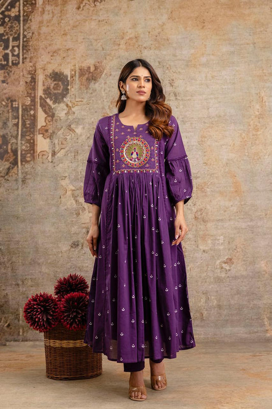 Premium Quality Pure Mul Cotton Bandhani Print  Embroided Anarkali Kurti Pant Dupatta Set With Mul Cotton Lining Inside.