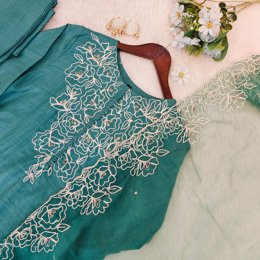 Premium Quality Pure Dola Silk Pearl Thread Work A-Line Anarkali With Straight Pant And Organza Dupatta with Pearl Thread work. work