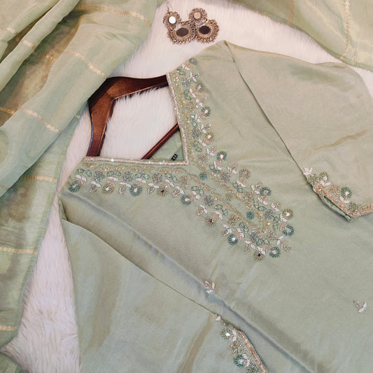 Premium Quality Pure Tissue Shimmer Hand Embroidered Kurti with Mul with Cotton lining Inside with Tissue Shimmer Dupatta and Pure fabric Pant.