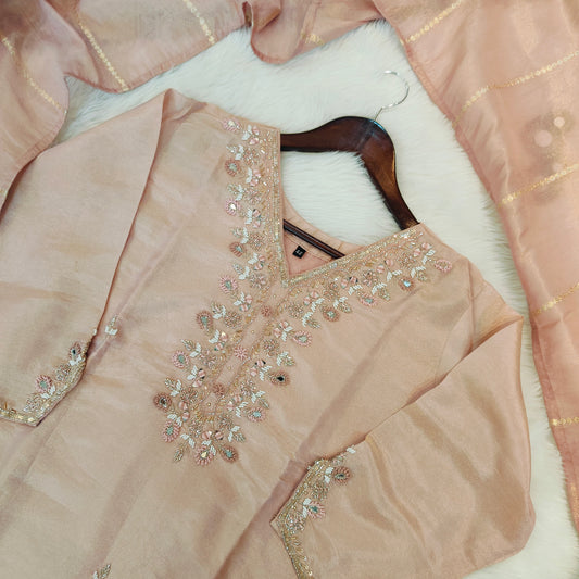 Premium Quality Pure Tissue Shimmer Hand Embroidered Kurti with Mul with Cotton lining Inside with Tissue Shimmer Dupatta and Pure fabric Pant.