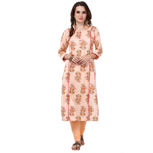 Premium Quality Pure Cotton Peach Princess Cut Block Printed Straight Kurti.