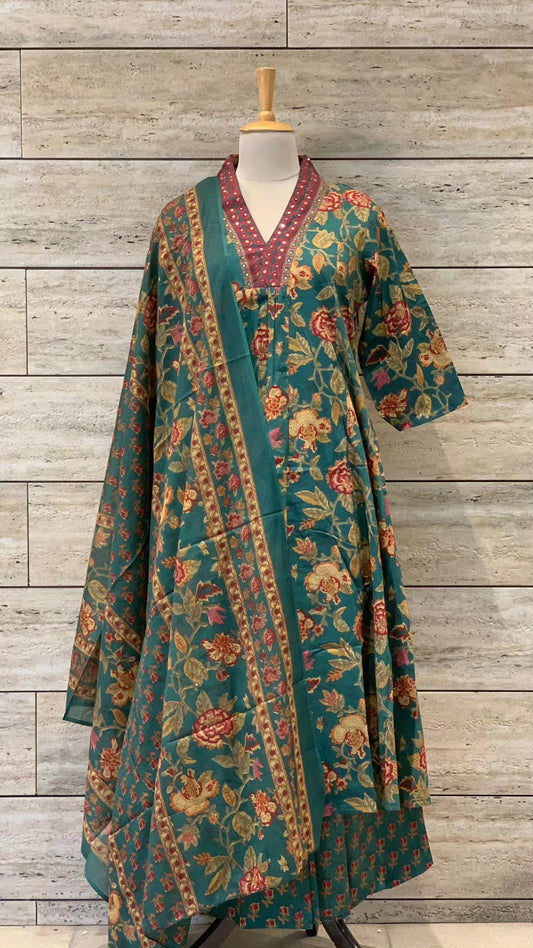 Premium Quality Cotton Anarkali Kurti Pant Dupatta set.